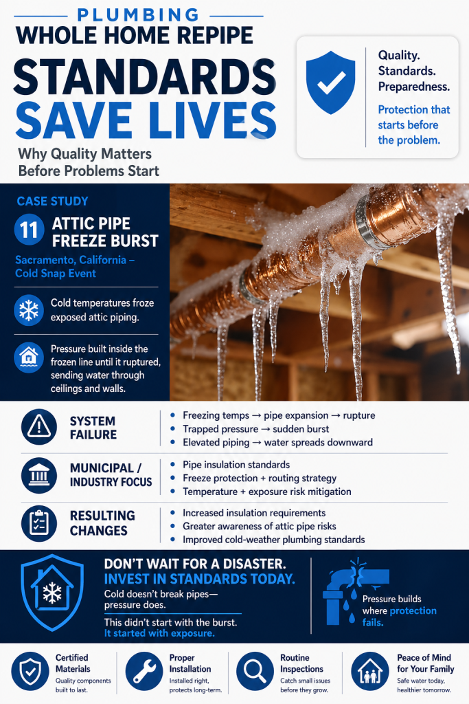 attic pipe freeze burst sacramento ca plumbing whole home repipe