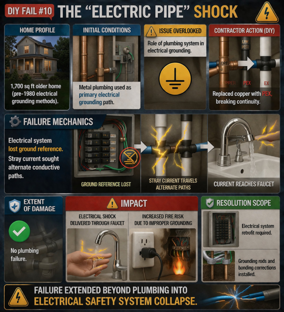 diy fail 10 plumbing system grounding interruption electrical shock event 05