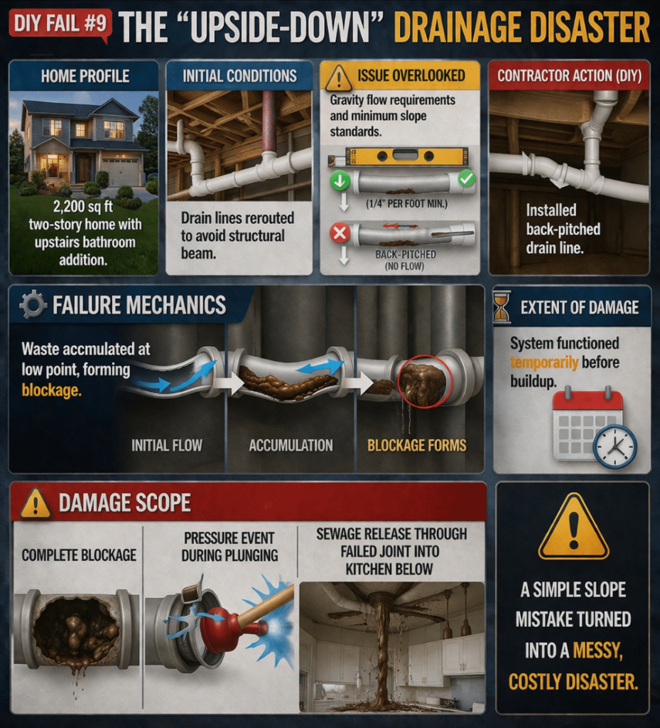 diy fail 9 back pitched drain line waste accumulation and pressure failure 06